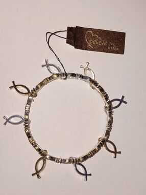 Gold & Silver Tone Christian Fisher Of Men Charm Dangle Stretch Bracelet New!